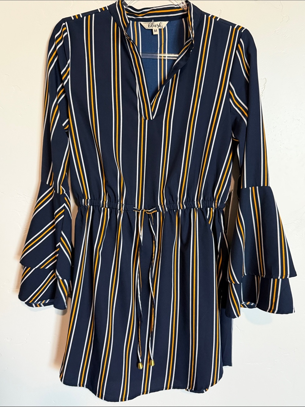 Blush Striped V-Neck Mini Dress Drawstring Waist Navy Tunic Dress